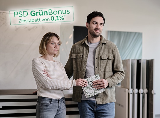 Egal ob Neubau, Kauf oder Modernisierung – mit dem PSD GrünBonus profitierst Du von 0,1 % Zinsrabatt auf das PSD BauGeld